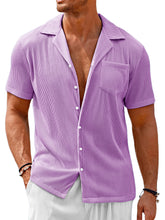 Load image into Gallery viewer, Men's Cuban Collar Pocket Solid Color Vertical Striped Pocket Short-sleeved Shirt