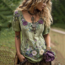 Load image into Gallery viewer, Classy Gradient Purple Lavender And Floral Embroidered Linen Short Sleeve T-shirt