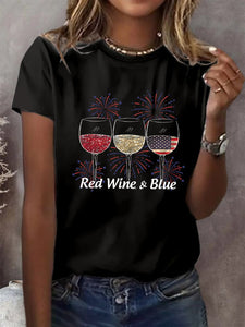 Women's Red Wine And Blue Print Casual T-Shirt