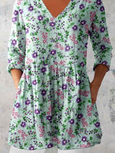 Load image into Gallery viewer, Women's Elegant Floral Pattern Round Neck Cotton and Linen Top