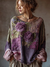 Load image into Gallery viewer, Vintage Purple Roses Boho Patchwork Linen Tunic