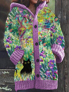 Oil Painting Irises Garden Cat Cozy Knit Hooded Cardigan