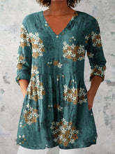 Load image into Gallery viewer, Women's Elegant Floral Pattern Round Neck Cotton and Linen Top