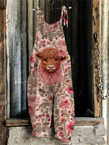 Highland Cow Floral Embroidery Pattern Jumpsuit