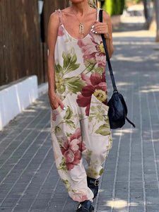 Women's Stylish Botanical Floral Design Casual Pocket Jumpsuit