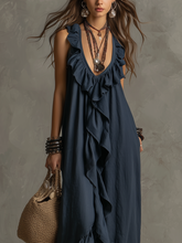 Load image into Gallery viewer, Elegant Bohemian V Neck Ruffle Maxi Dress In Deep Navy