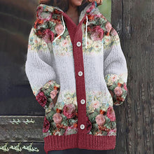 Load image into Gallery viewer, Floral Print Long Sleeve Knitted Hooded Cardigan