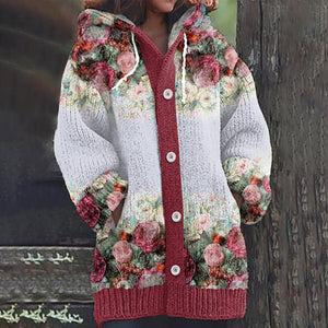 Floral Print Long Sleeve Knitted Hooded Cardigan