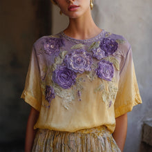 Load image into Gallery viewer, Elegant Boho Purple Roses Embroidered Gradient Linen T Shirt