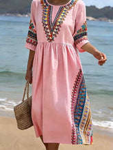 Load image into Gallery viewer, Women's Casual  Round Neck Mid Sleeve Print Cotton and Linen Dress