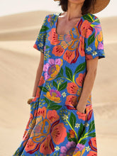 Load image into Gallery viewer, Women's Artistic Flowers Printed Linen Pocket Dress