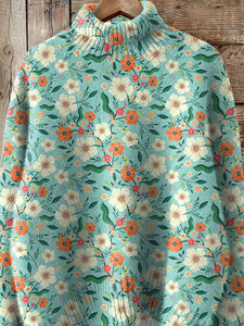 Vibrant Summer Garden Floral Pattern Printed Knit Turtleneck Pullover Sweater