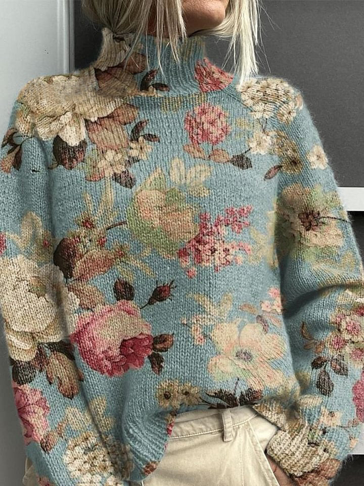 Blue Vintage Art Flowers Print Knit Turtleneck Pullover Sweater