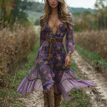 Load image into Gallery viewer, Women's Retro V-neck Floral Long-sleeve Bohemian Pastoral Style Maxi Long Dress