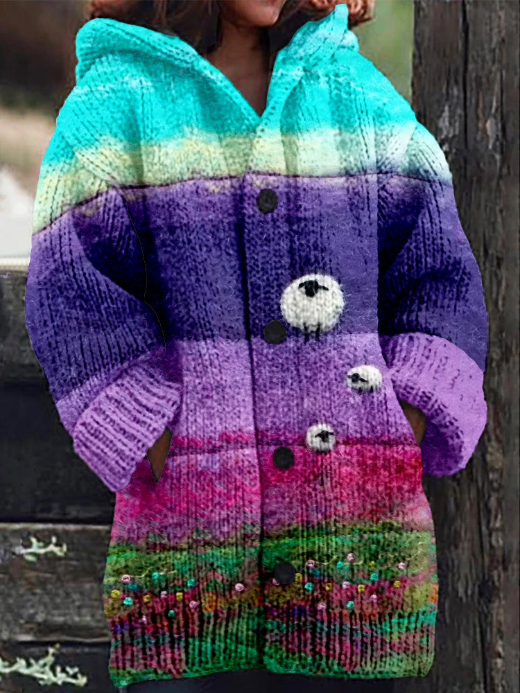 Sheep with Purple Landscape Hills Felt Art Cozy Hooded Cardigan