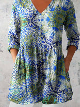 Load image into Gallery viewer, Women's Elegant Floral Pattern Round Neck Cotton and Linen Top