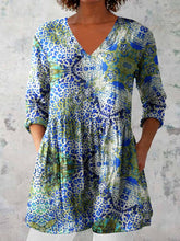Load image into Gallery viewer, Women's Elegant Floral Pattern Round Neck Cotton and Linen Top