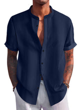 Load image into Gallery viewer, Men's Summer Stand Collar Vertical Stripe Jacquard Solid Color Short Sleeve Shirt