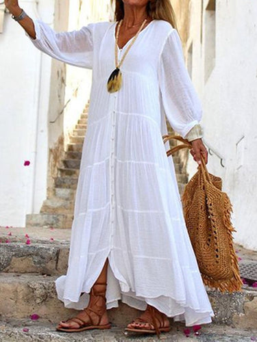 Solid Color V-Neck Long Sleeve Loose Casual Dress