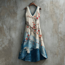 Load image into Gallery viewer, Women's Cherry Blossoms Embroidery And  Waves Art Linen Maxi Dress