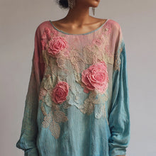 Load image into Gallery viewer, Vintage Pink Lace Rose Embroidered Gradient Linen Tunic