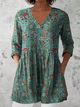 Load image into Gallery viewer, Women's Retro Floral Art Print Casual Cotton And Linen V-neck Top