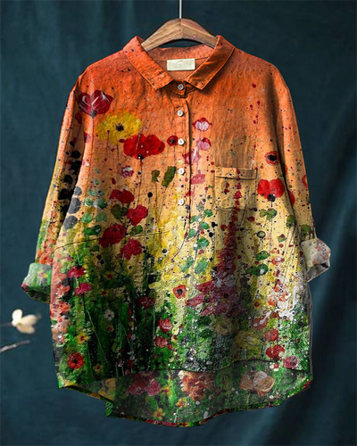 Vintage Art Floral Print Casual Cotton and Linen Shirt