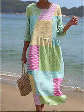 Load image into Gallery viewer, Women's Casual  Round Neck Mid Sleeve Print Cotton and Linen Dress