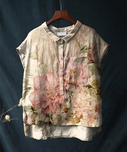 Retro Chic Floral Cotton and Linen Short-sleeved Casual Shirt