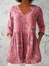 Load image into Gallery viewer, Women's Elegant Floral Pattern Round Neck Cotton and Linen Top