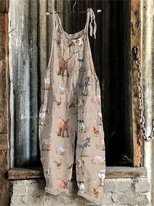 Women's Farm Animals Print Linen Blend Casual Jumpsuit