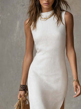 Load image into Gallery viewer, Stand-collar Split-hem Cotton And Linen Midi Dress
