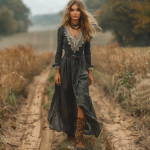 Load image into Gallery viewer, Women's Vintage V-neck Linen Long-sleeve Maxi Long Dress