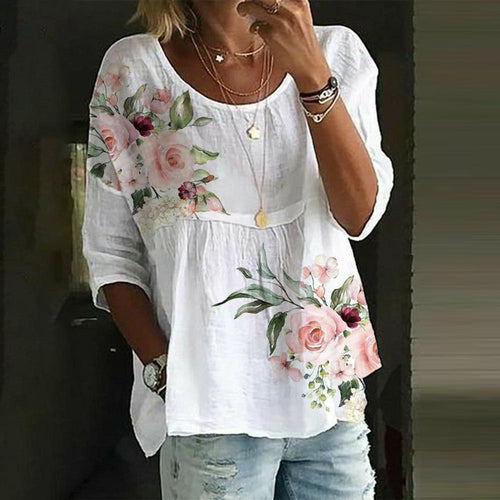 Women's Pink Green Flower Print White Tunic Top