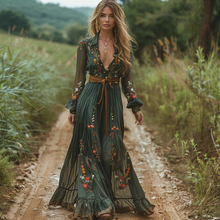 Load image into Gallery viewer, Women's Vintage V-neck Floral Bohemian Pastoral Style Long-sleeved Maxi Long Dress