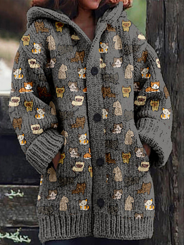 Cute Cats Pattern Cozy Hooded Knit Cardigan