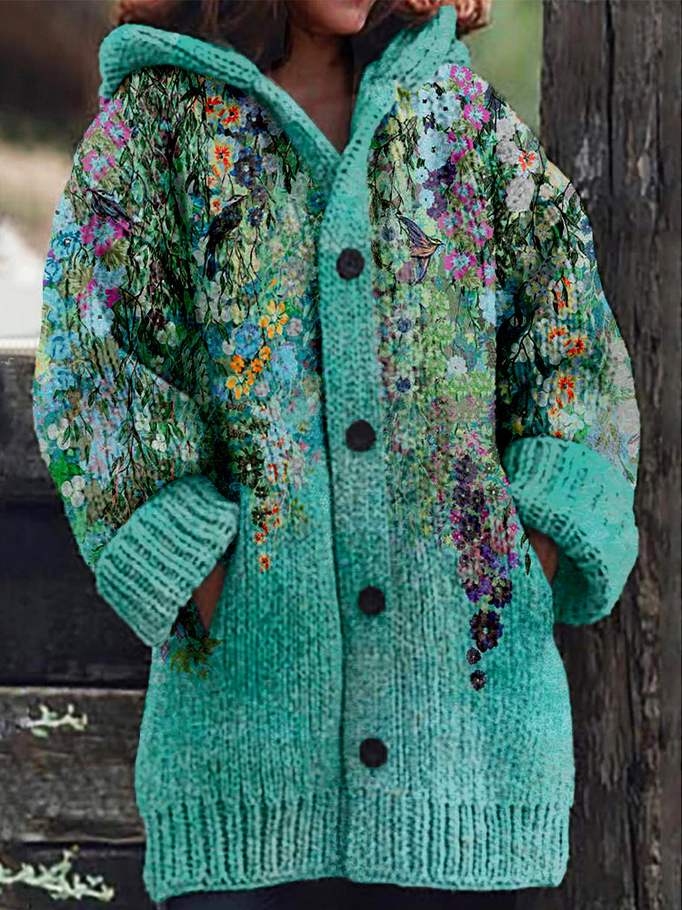 Wearshes Elegant Floral Art Pattern Cozy Knit Hooded Cardigan