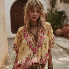 Load image into Gallery viewer, Vintage Rose Floral Embroidered Short Sleeve T-shirt