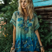 Load image into Gallery viewer, Blue Sequins Floral Boho Art Women's V-neck Short Sleeve Long Shirt