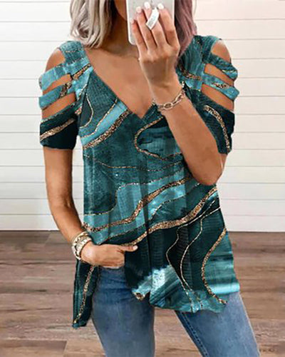Cotton Blends Casual V Neck Short Sleeve Ombre Abstract Topss