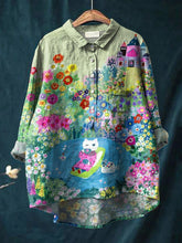 Load image into Gallery viewer, Vintage Lovely Cat Floral Art Print Casual Cotton And Linen Shirt