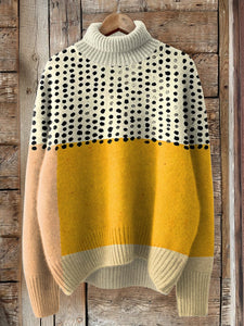 Yellow Color-blocked Dots Art Print Knit Turtleneck Pullover Sweater