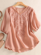 Load image into Gallery viewer, Mesh Embroidery V-Neck Loose Casual Shirt