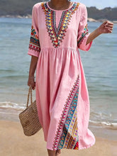 Load image into Gallery viewer, Women's Casual  Round Neck Mid Sleeve Print Cotton and Linen Dress