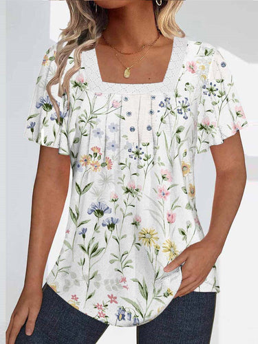Women Short Sleeve U-neck Floral Printed Graphic Tops