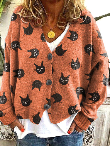 Funny Cat Faces Print Casual Comfortable Cardigan Sweater