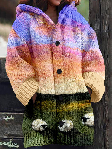 Sheep Grazing Landscape Felted Art Comfy Cardigan