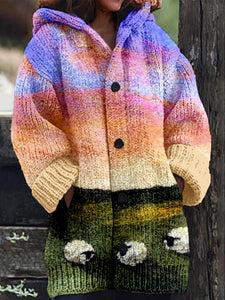 Sheep Grazing Landscape Felted Art Comfy Cardigan