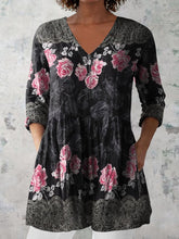 Load image into Gallery viewer, Women's Retro Floral Art Print Casual Cotton And Linen V-neck Top