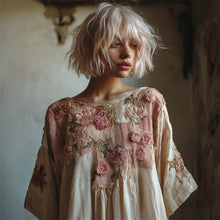 Load image into Gallery viewer, Cottage Pink Roses Embroidered Patchwork Linen Shirt